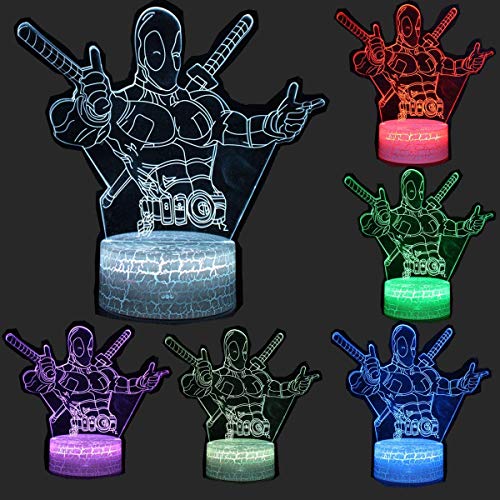 SNOMYRS Lámpara de luz nocturna 3D de los vengadores de ilusión superhéroe, cuatro patrones de Iron Man/Spiderman/Black Panther/Deadpool 16 colores cambiantes con control remoto