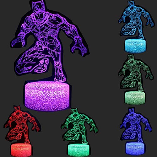 SNOMYRS Lámpara de luz nocturna 3D de los vengadores de ilusión superhéroe, cuatro patrones de Iron Man/Spiderman/Black Panther/Deadpool 16 colores cambiantes con control remoto