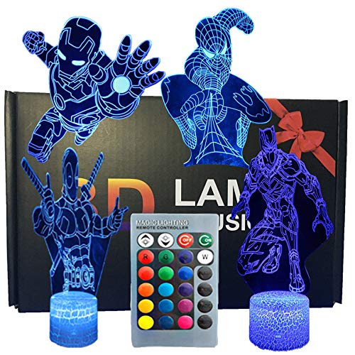 SNOMYRS Lámpara de luz nocturna 3D de los vengadores de ilusión superhéroe, cuatro patrones de Iron Man/Spiderman/Black Panther/Deadpool 16 colores cambiantes con control remoto