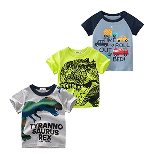 Snyemio Pack de 3 Camiseta Manga Corta Niños Algodón Bebé Estampada Dinosaurio Dibujos Animales Verano 1-7 años, Gris, 98-104(Etiqueta 100