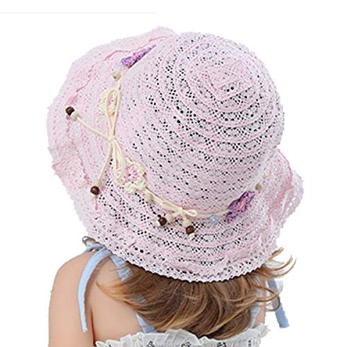 Snyemio Sombrero de Paja Niñas con Flores Verano Anti UV Solar para Viaje Playa Piscina 1-8 años (Rosa, 46cm)