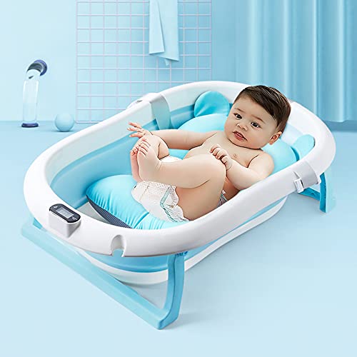 SONARIN Bañera de Bebé Plegable con Sensor de Temperatura,Tina para Bebe,Bañera de Ducha Portátil Antideslizante con Cojín para Recién Nacidos Niños,Drenaje Rápido(Azul)