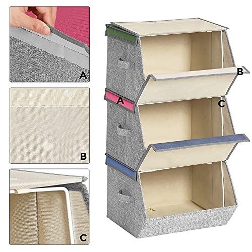 SONGMICS Caja almacenaje Tela Infantil, Caja organizadora Plegable, Juego de 3, Apilables con Asas, Tapa magnética, para habitación de niños, Tema de Animales, Rosa, Azul, Verde y Gris RFB760P01