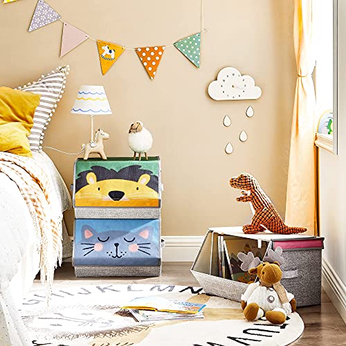 SONGMICS Caja almacenaje Tela Infantil, Caja organizadora Plegable, Juego de 3, Apilables con Asas, Tapa magnética, para habitación de niños, Tema de Animales, Rosa, Azul, Verde y Gris RFB760P01