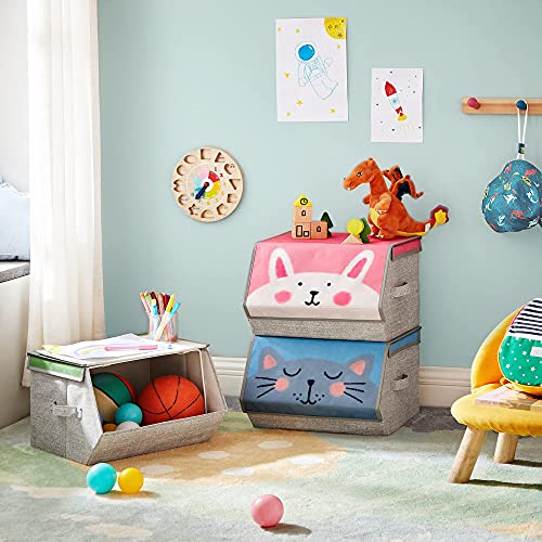 SONGMICS Caja almacenaje Tela Infantil, Caja organizadora Plegable, Juego de 3, Apilables con Asas, Tapa magnética, para habitación de niños, Tema de Animales, Rosa, Azul, Verde y Gris RFB760P01