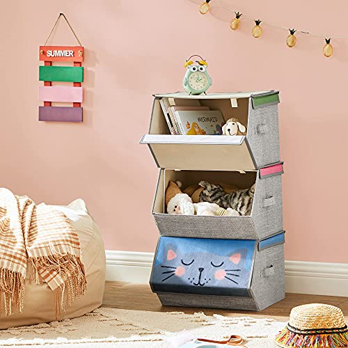 SONGMICS Caja almacenaje Tela Infantil, Caja organizadora Plegable, Juego de 3, Apilables con Asas, Tapa magnética, para habitación de niños, Tema de Animales, Rosa, Azul, Verde y Gris RFB760P01