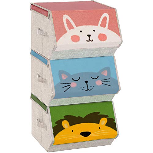 SONGMICS Caja almacenaje Tela Infantil, Caja organizadora Plegable, Juego de 3, Apilables con Asas, Tapa magnética, para habitación de niños, Tema de Animales, Rosa, Azul, Verde y Gris RFB760P01