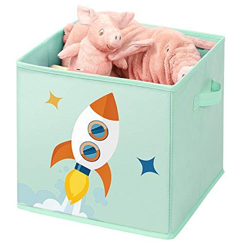 SONGMICS Cajas de Almacenaje, Juego de 3, Organizadoras de Juguetes, Cubos Plegables con Asas, para Habitación de Niños, Sala de Juegos, 30 x 30 x 30 cm, Tema del Espacio, Verde RFB001G03