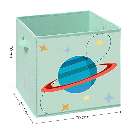 SONGMICS Cajas de Almacenaje, Juego de 3, Organizadoras de Juguetes, Cubos Plegables con Asas, para Habitación de Niños, Sala de Juegos, 30 x 30 x 30 cm, Tema del Espacio, Verde RFB001G03