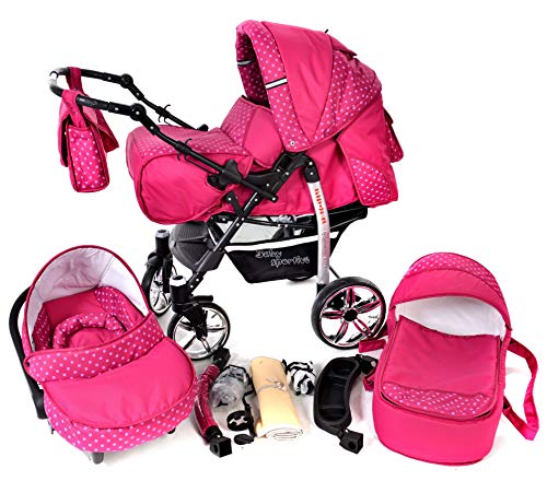 Sportive X2, 3-in-1 Travel System incl. Baby Pram with Swivel Wheels, Car Seat, Pushchair & Accessories (3-in-1 Travel System, Pink & Polka Dots)