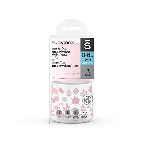 SUAVINEX 307108 Biberón Tetina Anatómica de Silicona Flujo Lento, para Bebés 0-6 Meses, Rosa, 150 Mililitros