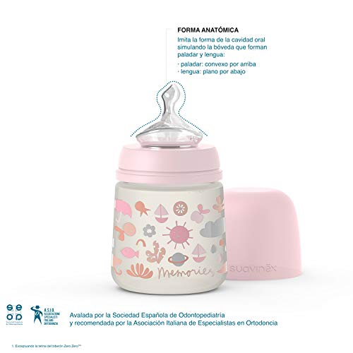 SUAVINEX 307108 Biberón Tetina Anatómica de Silicona Flujo Lento, para Bebés 0-6 Meses, Rosa, 150 Mililitros