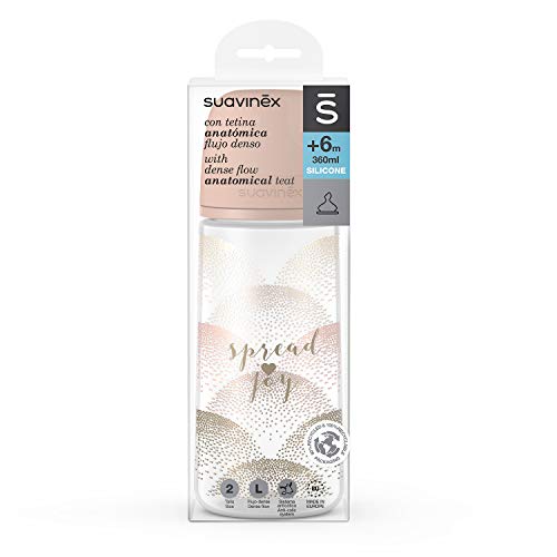 Suavinex 307127 Biberón Tetina Anatómica de Silicona Flujo Denso, para Bebés +6 Meses, Beige, 360Mililitros