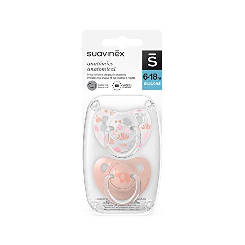 Suavinex 307155 Pack Chupetes para Bebés, Chupete con Tetina Anatómica de Silicona, Rosa 6-18 Meses, 2 Unidades