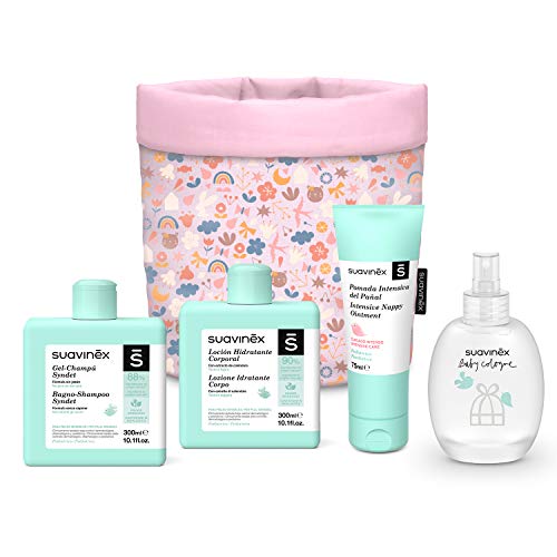 SUAVINEX 401314 - Suavinex, Organizador Tela Para Bebés con Baby Cologne, Loción Hidratante, Pomada Intensiva y Gel-Champú Syndet. 4 productos, Rosa, niñas