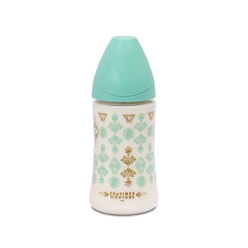 Suavinex - Biberón Bebé Premium Haute Couture, Tetina Redonda Silicona 3 Posiciones, 270 ml, Biberón +0 Meses. 0% Bpa, Diseño Étnico, Color Verde Claro