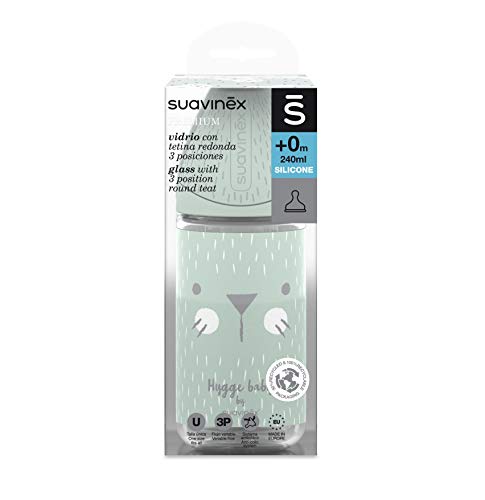 SUAVINEX Biberon - Biberón de cristal redondo con 3 velocidades (240 ml, 1 unidad), color gris (306665)