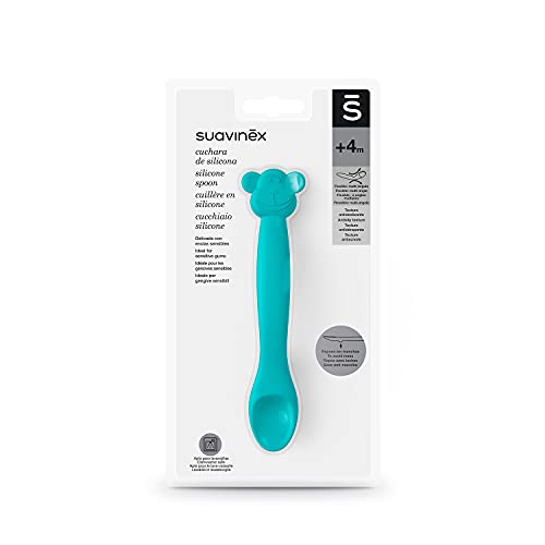 SUAVINEX Cuchara de silicona para bebés, 4 meses, cuchara flexible con mango largo, cuchara suave para encías sensibles, apta para lavavajillas. Diseño Singe. Color verde