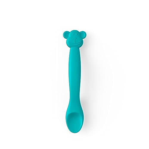 SUAVINEX Cuchara de silicona para bebés, 4 meses, cuchara flexible con mango largo, cuchara suave para encías sensibles, apta para lavavajillas. Diseño Singe. Color verde