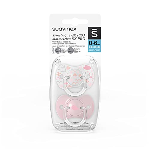 Suavinex, Juego de 2 chupetes de silicona Sx Pro, suaves y flexibles, de 0/6 meses, color rosa