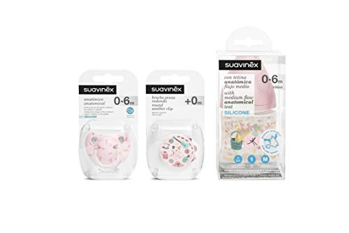 Suavinex – Set recién nacido con biberón 150ml con tetina anatómica de silicona + Chupete para bebés de 0-6 meses con tetina anatómica de silicona + Broche. diseño Picnic rosa. Pack Exclusivo Amazon