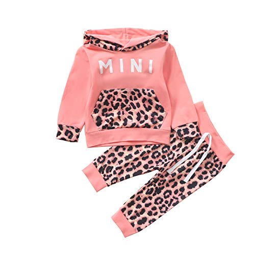 Sudaderas con Capucha para niñas pequeñas, chándales, Sudadera con Capucha de Color sólido, suéter, Pantalones Largos, chándal, Conjunto de 2 Piezas (Pink Leopard,6-12 Meses)