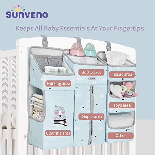 SUNVENO Almacenamiento de Pañales Para Cuna,Cambio de Accesorios de Almacenamiento 3 en 1,Cesta Colgante/Organizador Para Cuna,Papel Almacenamiento Colgante Extraíble,Antiincrustante Y Lavable,Gris