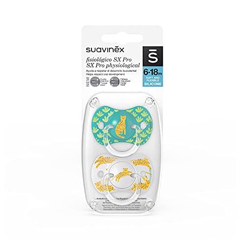 Suvinex, Nuevo Pack 2x Chupetes Fisiológicos Sx Pro, Para Bebés 6-18 Meses, Chupetes Con Tetina Fisiológica de Silicona Sx Pro. Tetina más Plana y Flexible. Jungle Verde