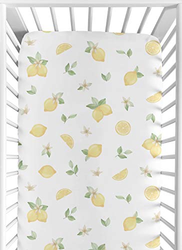 Sweet Jojo Designs Hoja de cuna ajustable para bebé o niño pequeño, color amarillo, verde, beige, blanco, acuarela, bohemia, granja, fruta, flor de flor botánica