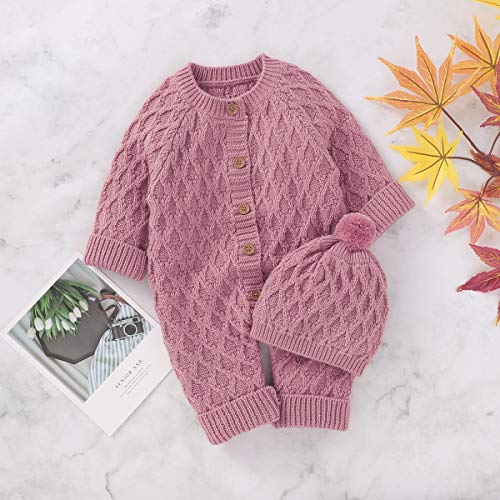 Syuantech Conjunto Gorro Mameluco Punto Bebé Recién Nacido, Mono Infantil La Nieve, Mono para Niños y Niñas (Rosa Oscuro, 0-3 Meses)