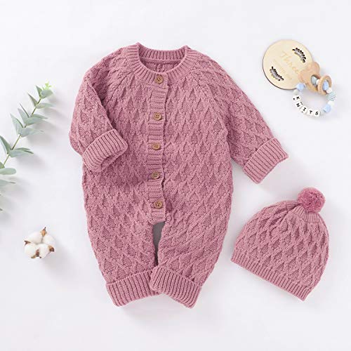 Syuantech Conjunto Gorro Mameluco Punto Bebé Recién Nacido, Mono Infantil La Nieve, Mono para Niños y Niñas (Rosa Oscuro, 0-3 Meses)