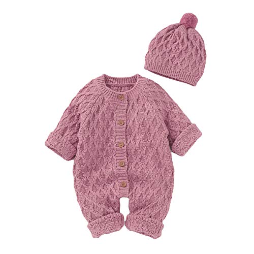 Syuantech Conjunto Gorro Mameluco Punto Bebé Recién Nacido, Mono Infantil La Nieve, Mono para Niños y Niñas (Rosa Oscuro, 0-3 Meses)