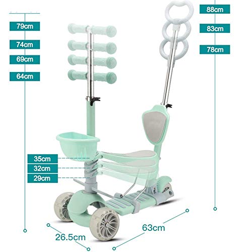 SZNWJ Ygqtbc 5 en 1 Niños Kick Scooter, 3 Ruedas Walker con Asiento Desmontable y Respaldo, Altura Ajustable, Soporte Light Up Ruedas for niños pequeños 1-8 Años de Edad 100 kg (Color : Green)