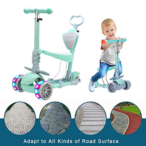 SZNWJ Ygqtbc 5 en 1 Niños Kick Scooter, 3 Ruedas Walker con Asiento Desmontable y Respaldo, Altura Ajustable, Soporte Light Up Ruedas for niños pequeños 1-8 Años de Edad 100 kg (Color : Green)