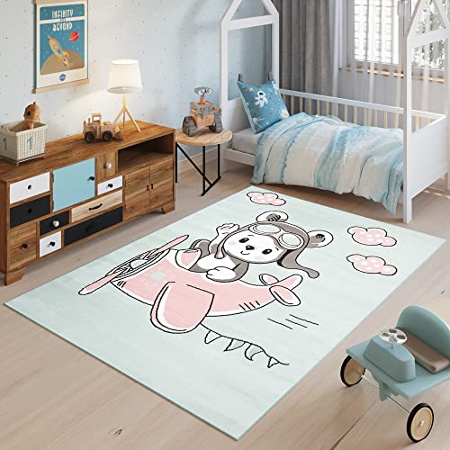 TAPISO Baby Alfombra Habitación Dormitorio Infantil Bebe Juvenil Moderno Azul Rosa Gris Oso Avión Suave Fina 80 x 150 cm