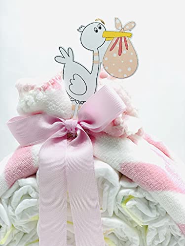 Tarta de pañales DODOT Cigüeña con manta, adorno cigüeña y peluche a conjunto - Regalo original para recién nacido - Tarta pañal niña con DEDICATORIA incluida y peluche (Rosa)