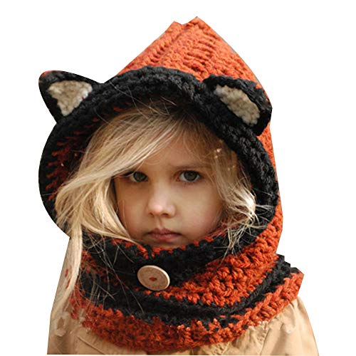 TBATM Baby Viking Knit Hat Beanie Hat Keep Warm Winter Hat Puffy Fox Sombrero Hecho A Mano Gorro De Cuello Babero Cálido para Niños Divertido Y Encantador,Naranja,Baby