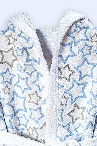 Ti TIN | Albornoz Infantil para Niño o Niña con Capucha | Albornoz 100% Algodón de Rizo Toalla | Suave y Absorbente con Diseño de Estrellitas Color Celeste | Talla de 3 año a 4 años