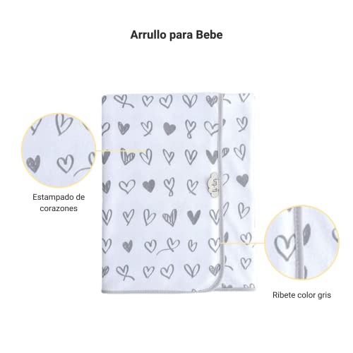 Ti-Tin | Arrullo para Bebe Color Gris con Estampado de Corazones | Arrullo de Punto Estampado con Tacto Extra Suave y Absorbente | Tejido de Doble Capa