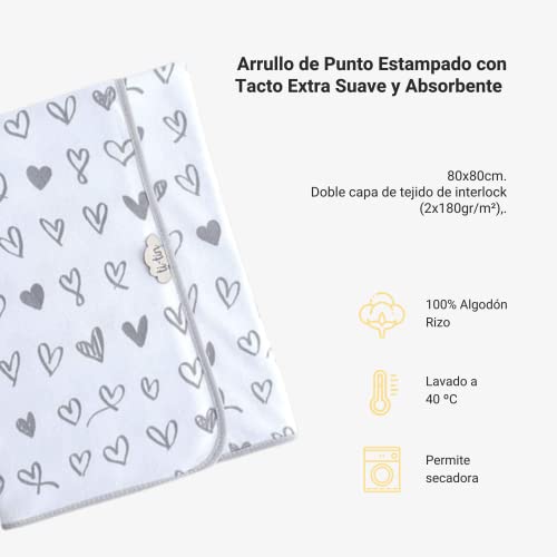 Ti-Tin | Arrullo para Bebe Color Gris con Estampado de Corazones | Arrullo de Punto Estampado con Tacto Extra Suave y Absorbente | Tejido de Doble Capa