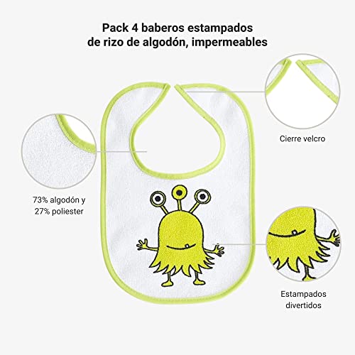 Ti Tin - Pack 4 Baberos Estampados de Rizo de Algodón Impermeables. Dibujos divertidos. 18x27 cm - Baberos impermeables estampados, cierre tipo velcro