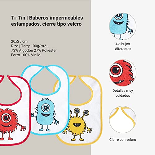 Ti Tin - Pack 4 Baberos Estampados de Rizo de Algodón Impermeables. Dibujos divertidos. 18x27 cm - Baberos impermeables estampados, cierre tipo velcro