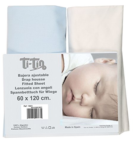 Ti TIN | Pack de 2 Sábanas Bajeras para Cuna o Maxicuna | 100% Algodón | Sábanas Bajeras Ajustables con Elásticos para Bebé | Pack 2 Unidades | Blanco y Azul Celeste | 60 x 120 cm