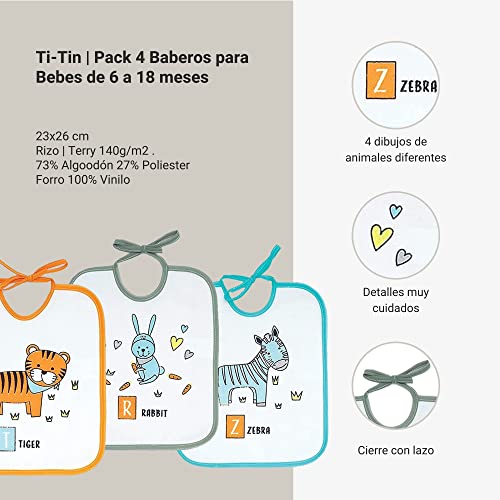 Ti TIN - Pack de 4 Baberos Impermeables para Bebés 73% Algodón - 27% Poliéster Forro Vinilo | Baberos con Cierre con Cintas para Bebés de 6 a 18 Meses