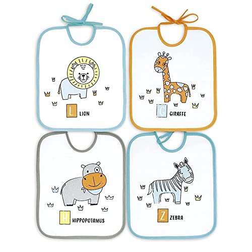 Ti TIN - Pack de 4 Baberos Impermeables para Bebés 73% Algodón - 27% Poliéster Forro Vinilo | Baberos con Cierre con Cintas para Bebés de 6 a 18 Meses