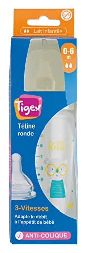 Tigex Biberón de 3 velocidades, 0-6 meses, 300 ml, tetina de silicona, anticólicos, libre de BPA