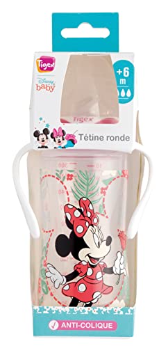 Tigex Biberón de 3 velocidades con asas extraíbles, +6 meses, 300 ml, tetina de silicona, anticólicos, libre de BPA, Disney Minnie Mouse