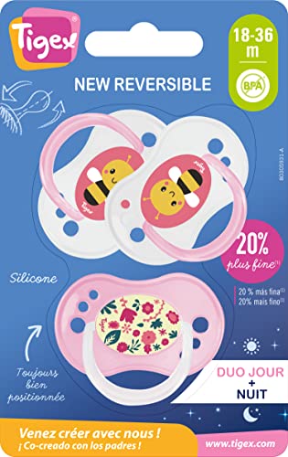 Tigex Chupetes reversibles | 18-36 meses | Chupetes de silicona Día / Noche | No BPA | Abeja | Pack de 3