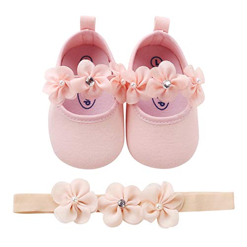 TMEOG Zapatos de Niña con Diadema Regalo Set Bautizo Flor Suave Suela Zapatillas Antideslizantes Zapatos de Princesa