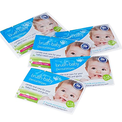 Toallitas dentales Brush-Baby para bebés | Nacimiento - Primeros dientes | 0-16 meses | Toallitas para limpiar suavemente la boca, encías y lengua del bebé | Pack de 28 toallitas individuales